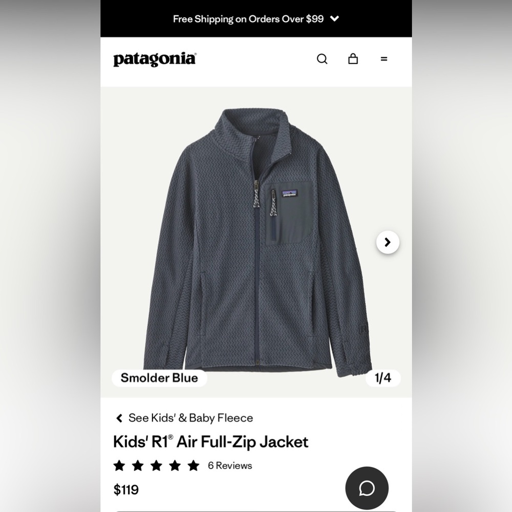 Patagonia Kids R1 air fullzip jacket size small great condition
